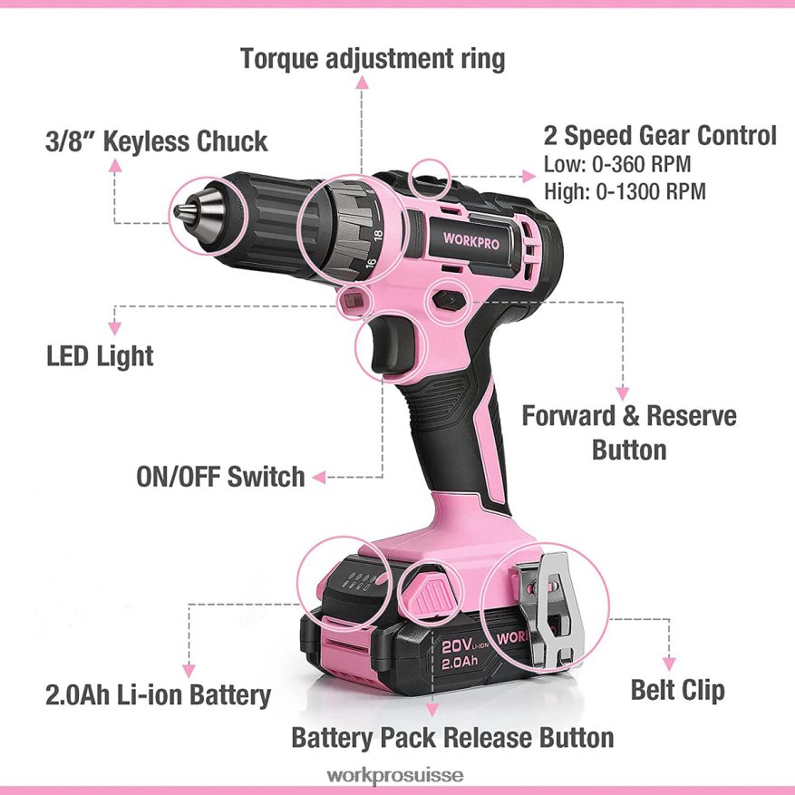 Ensemble perceuse-visseuse sans fil 20 V avec chargeur rapide et sac de rangement de 11 pouces inclus Z2LXTF261 rose WORKPRO outil