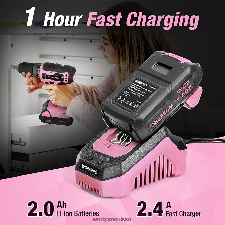 Ensemble perceuse-visseuse sans fil 20 V avec chargeur rapide et sac de rangement de 11 pouces inclus Z2LXTF261 rose WORKPRO outil
