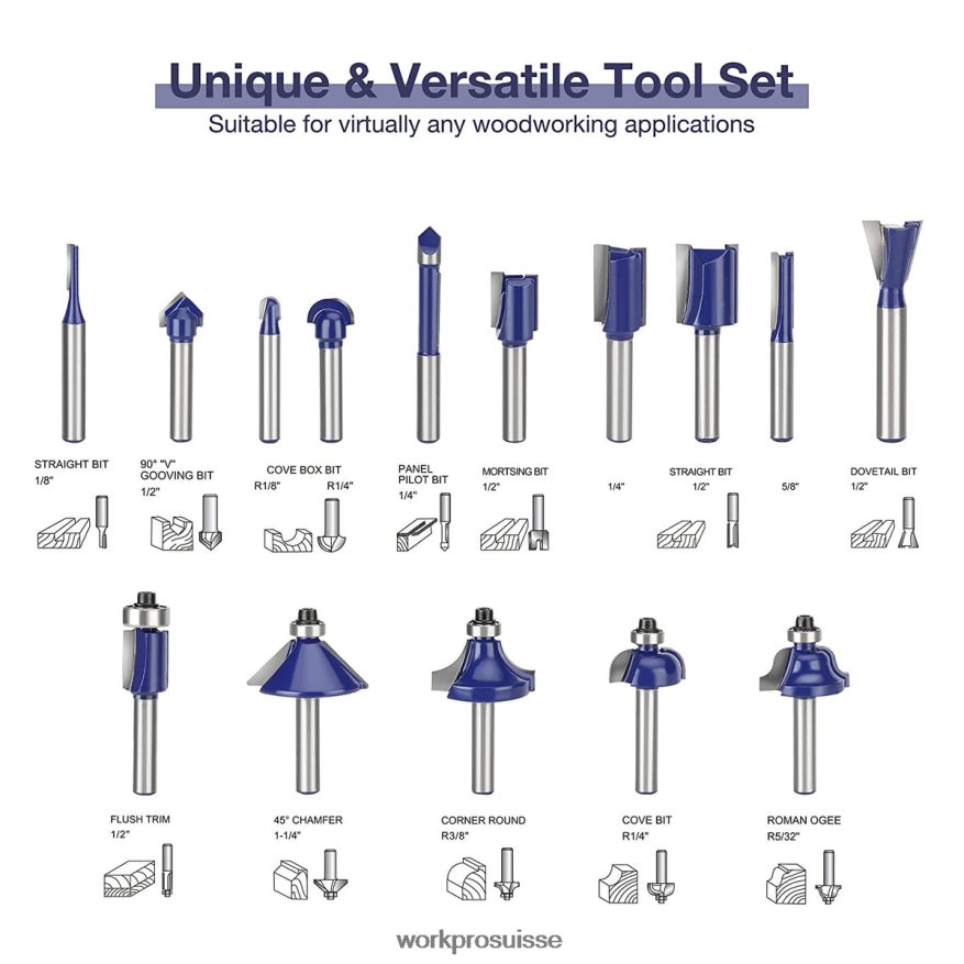 Jeu de 15 mèches de toupie, mèches de toupie en carbure de tungstène à tige de 1/4 de pouce Z2LXTF130 morden WORKPRO outil