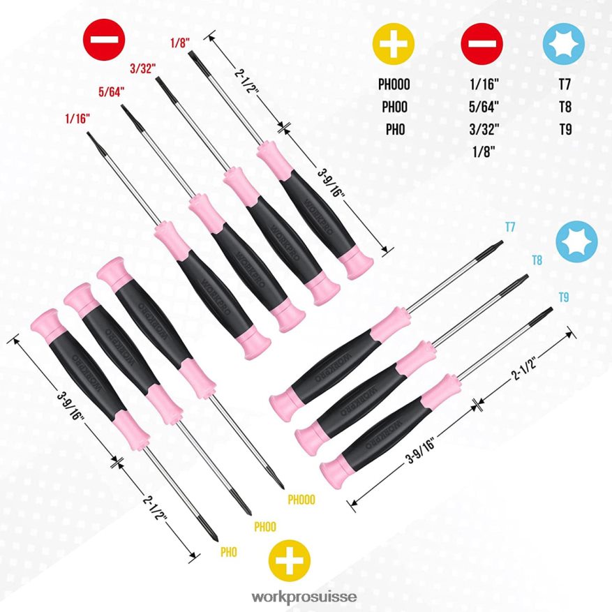 Jeu de tournevis de précision 10 pièces avec pochette, phillips, fente, étoile torx, kit de réparation de petit tournevis à pointe magnétique Z2LXTF255 rose WORKPRO outil