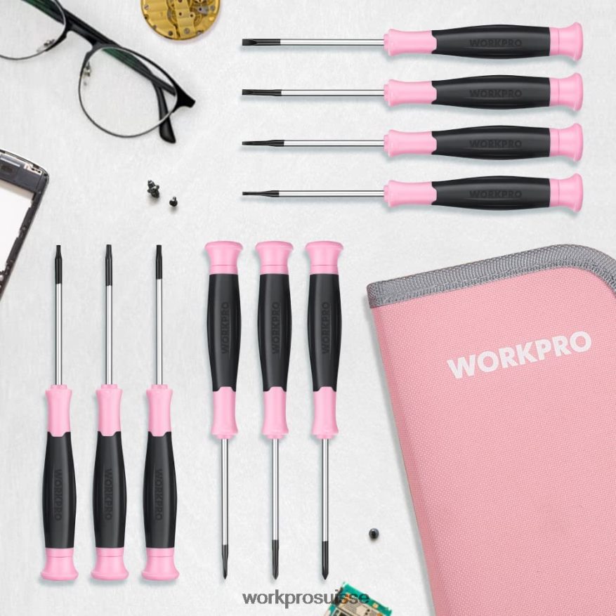 Jeu de tournevis de précision 10 pièces avec pochette, phillips, fente, étoile torx, kit de réparation de petit tournevis à pointe magnétique Z2LXTF255 rose WORKPRO outil