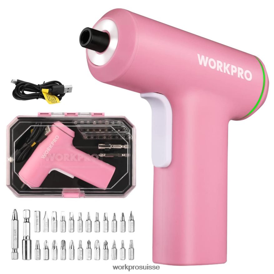 Jeu de tournevis électriques sans fil, batterie lithium-ion rechargeable usb 4v Z2LXTF234 rose/noir WORKPRO outil