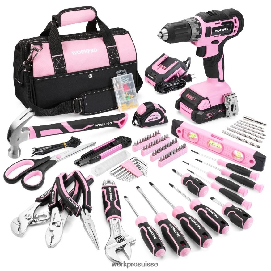 Kit combiné de perceuse sans fil de 157 pièces avec batterie lithium-ion sans fil de 20 V Z2LXTF259 rose/gris WORKPRO outil