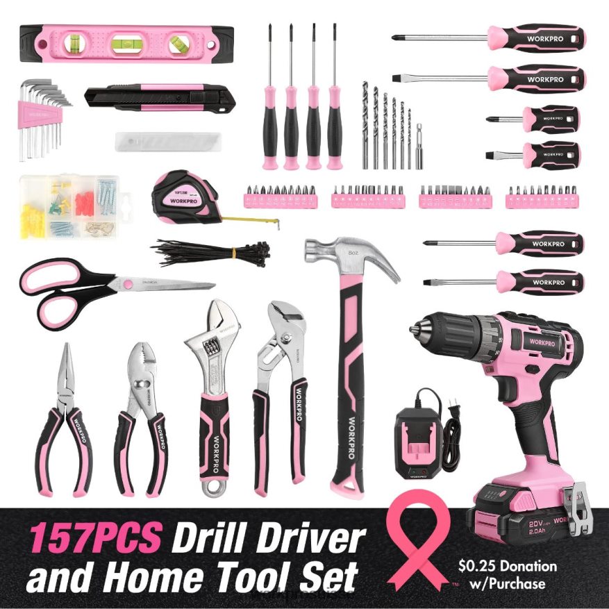 Kit combiné de perceuse sans fil de 157 pièces avec batterie lithium-ion sans fil de 20 V Z2LXTF259 rose/gris WORKPRO outil