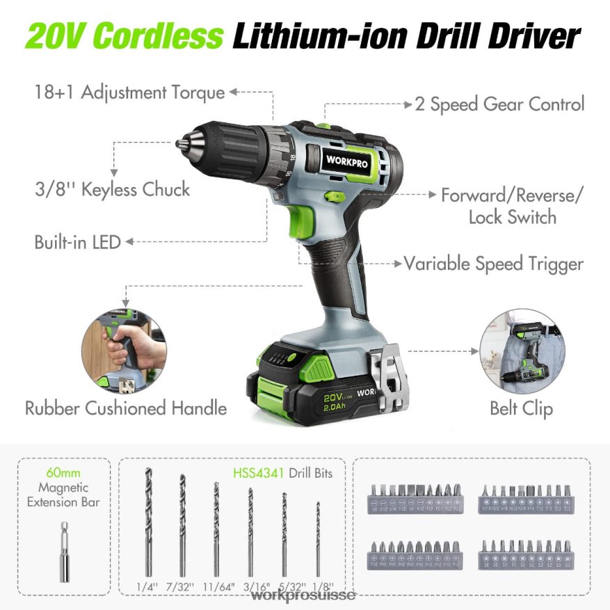 Kit combiné de perceuse sans fil de 157 pièces avec batterie lithium-ion sans fil de 20 V Z2LXTF259 rose/gris WORKPRO outil