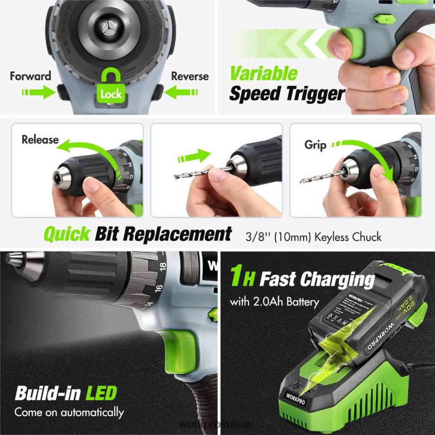 Kit combiné de perceuse sans fil de 157 pièces avec batterie lithium-ion sans fil de 20 V Z2LXTF259 rose/gris WORKPRO outil