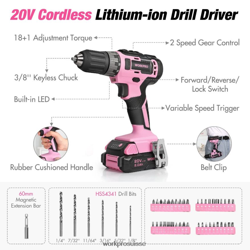 Kit combiné de perceuse sans fil de 157 pièces avec batterie lithium-ion sans fil de 20 V Z2LXTF259 rose/gris WORKPRO outil