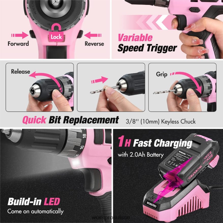 Kit combiné de perceuse sans fil de 157 pièces avec batterie lithium-ion sans fil de 20 V Z2LXTF259 rose/gris WORKPRO outil