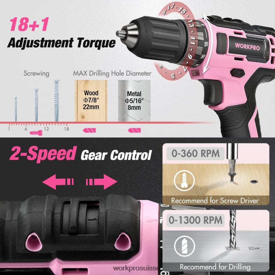 Kit combiné de perceuse sans fil de 157 pièces avec batterie lithium-ion sans fil de 20 V Z2LXTF259 rose/gris WORKPRO outil