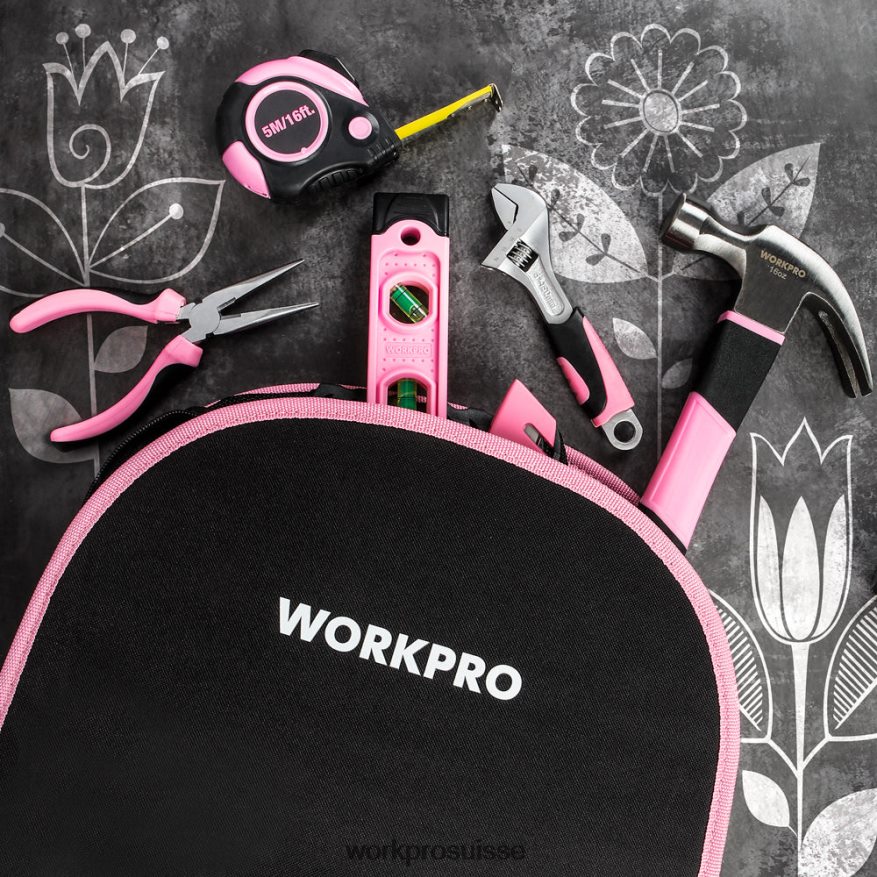 Kit d'outils de 103 pièces avec pochette ronde facile à transporter, parfait pour l'entretien de la maison Z2LXTF248 rose WORKPRO outil