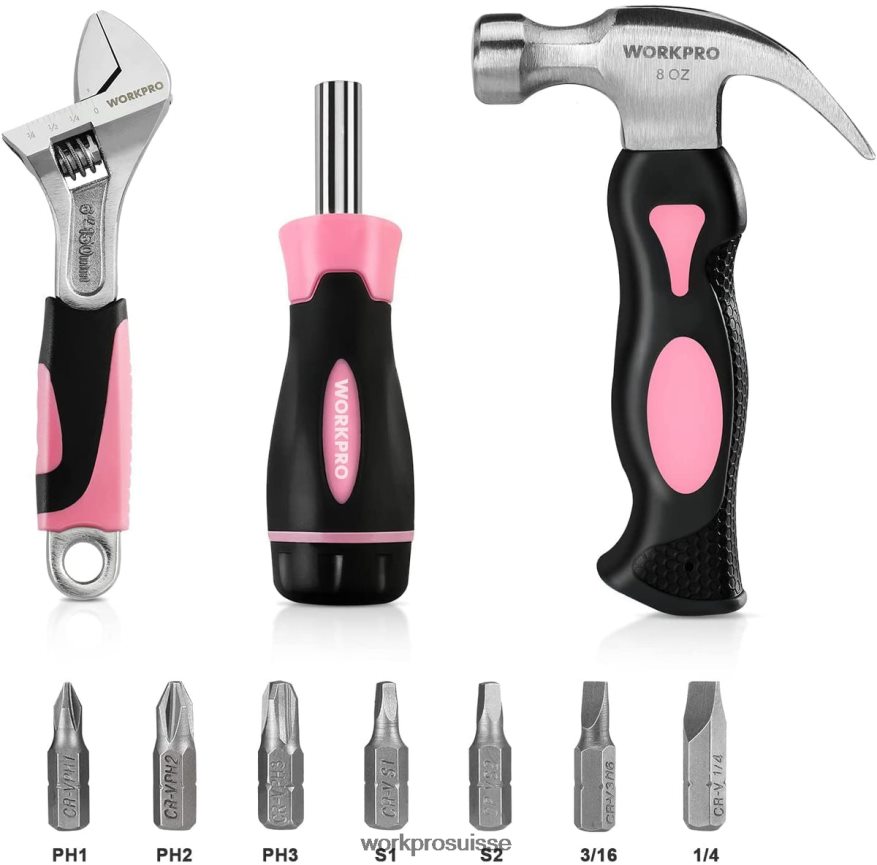 Kit d'outils ménagers pour femmes, 10 pièces, avec jeu de supports d'embouts de tournevis Z2LXTF243 rose WORKPRO outil