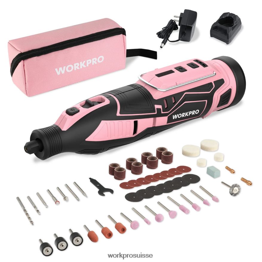 Kit d'outils rotatifs sans fil 12 V, 5 vitesses variables, 114 accessoires faciles à changer. Z2LXTF267 rose WORKPRO outil
