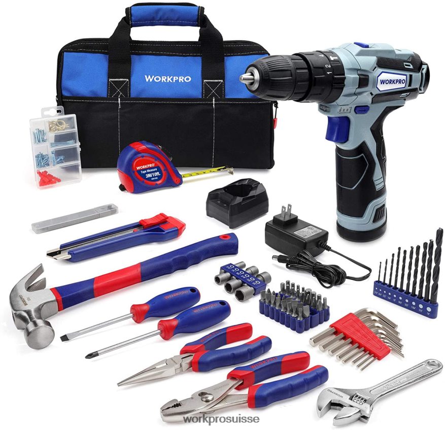 Perceuse sans fil 12 V et kit d'outils domestiques, kit combiné de 177 pièces avec sac à outils. Z2LXTF171 utile WORKPRO outil