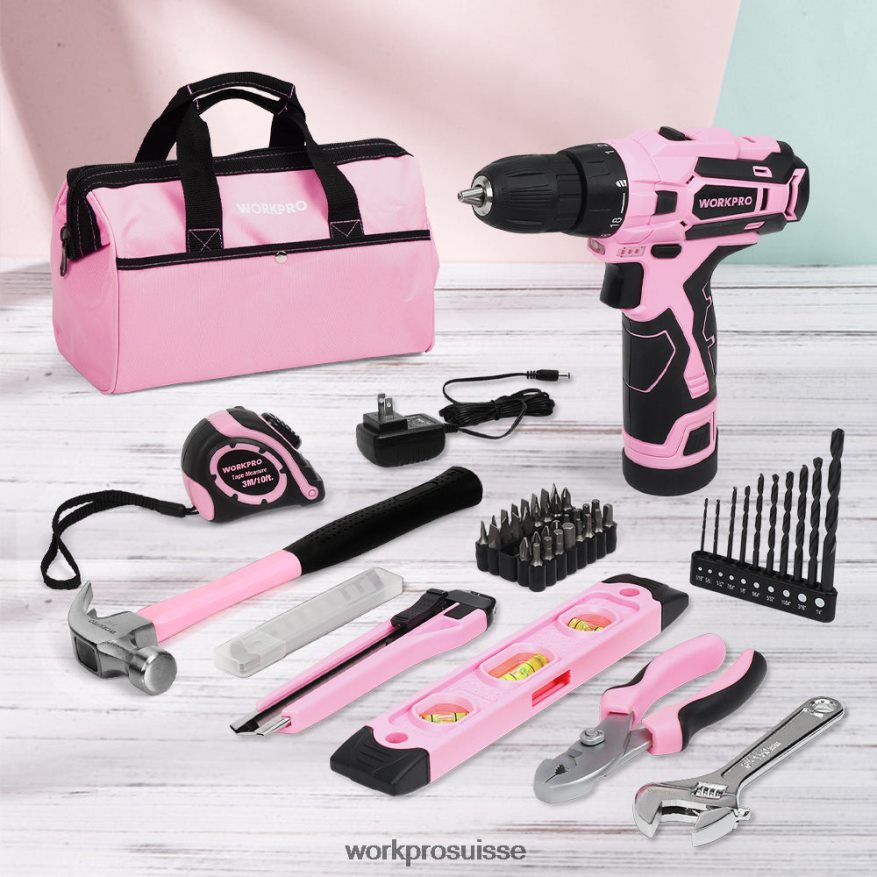 Perceuse sans fil 12 V et trousse d'outils domestiques avec sac de rangement de 14 pouces Z2LXTF258 rose WORKPRO outil