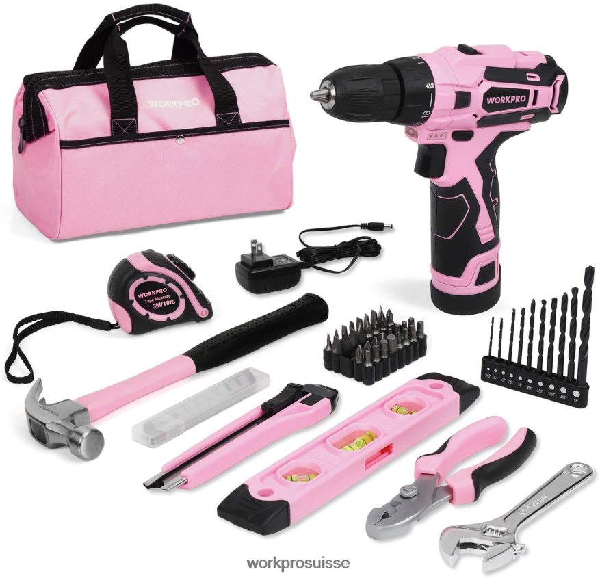 Perceuse sans fil 12 V et trousse d'outils domestiques avec sac de rangement de 14 pouces Z2LXTF258 rose WORKPRO outil