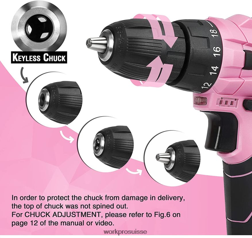 Perceuse sans fil 12 V et trousse d'outils domestiques avec sac de rangement de 14 pouces Z2LXTF258 rose WORKPRO outil