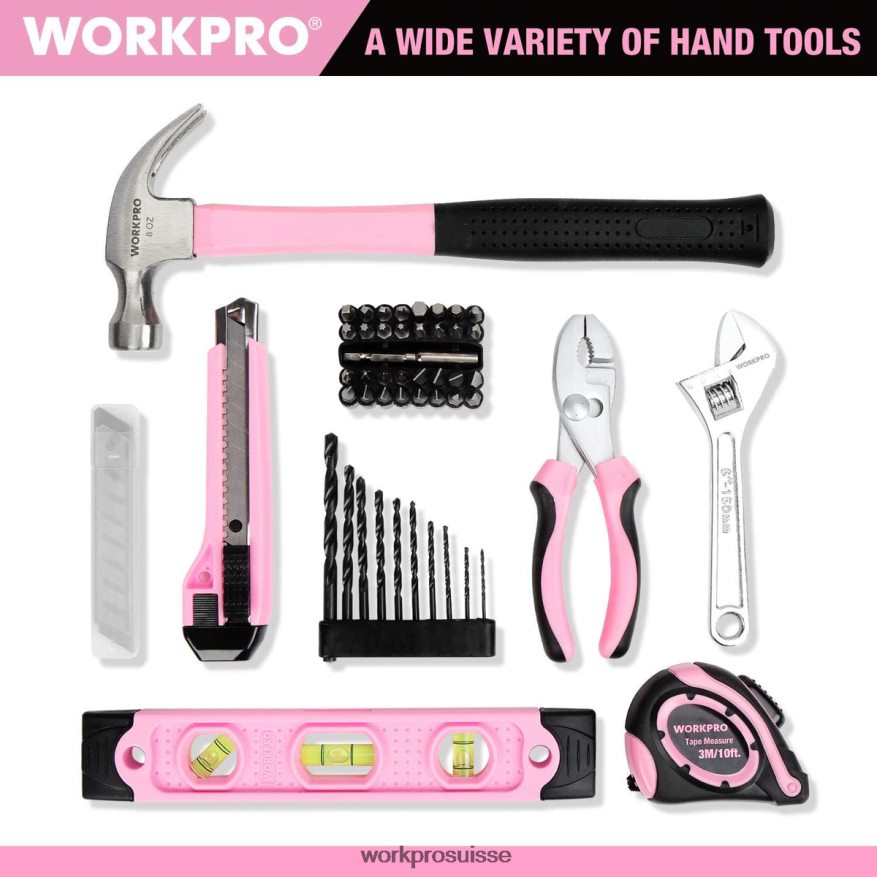 Perceuse sans fil 12 V et trousse d'outils domestiques avec sac de rangement de 14 pouces Z2LXTF258 rose WORKPRO outil