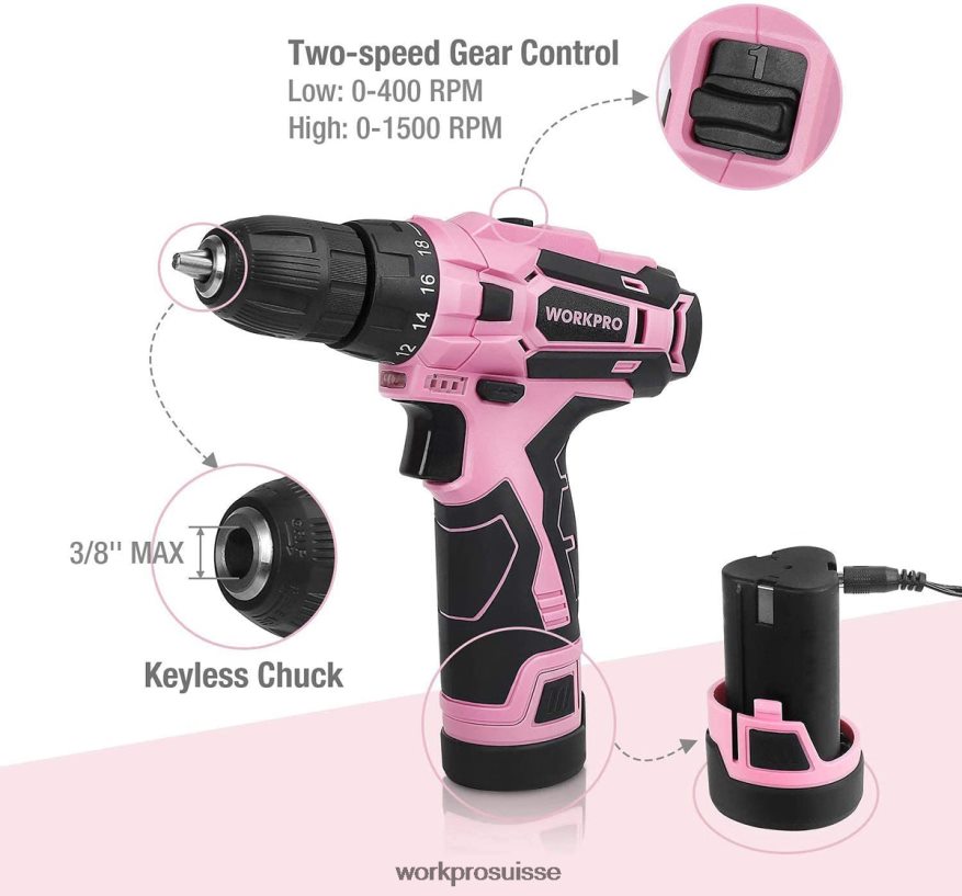 Perceuse sans fil, ensemble de tournevis électrique 12v, kit d'outils pour femmes Z2LXTF263 rose WORKPRO outil