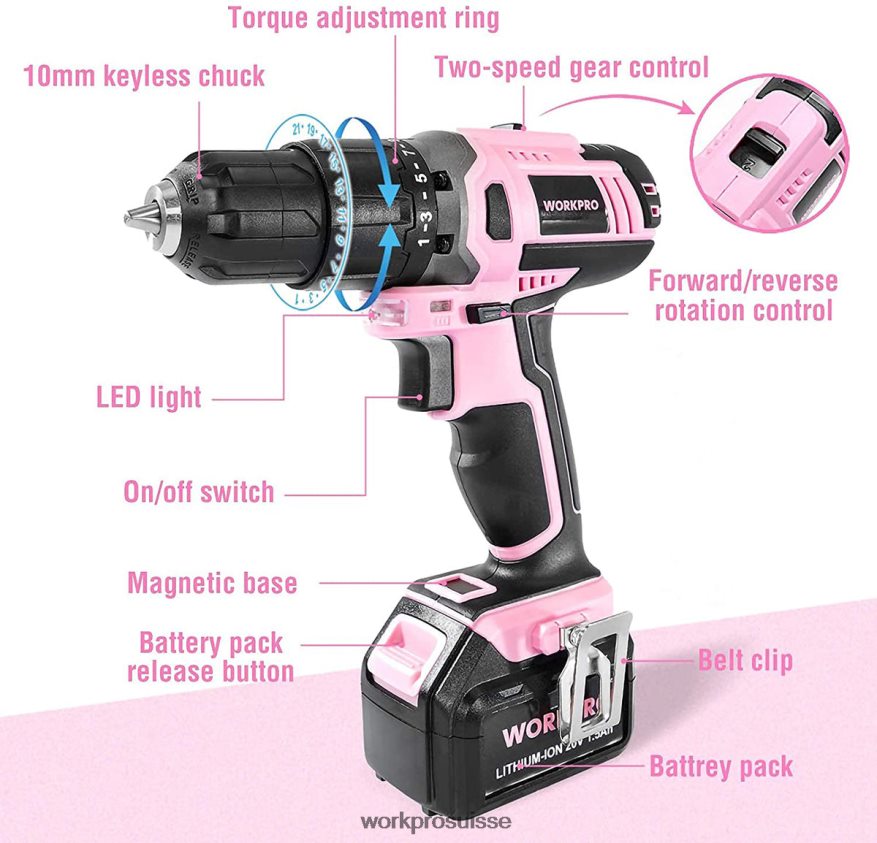 ensemble perceuse-visseuse sans fil lithium-ion 20 V Z2LXTF262 rose WORKPRO outil