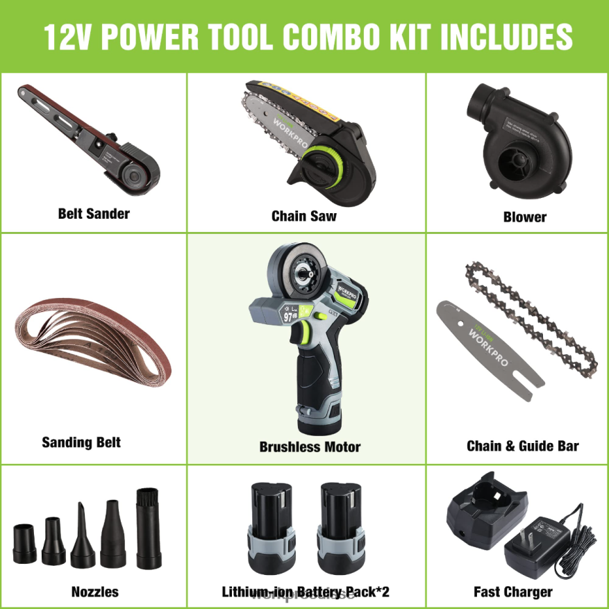 ponceuse à bande sans fil, mini scie à chaîne, souffleur électrique, kit combiné d'outils électriques 3 en 1 Z2LXTF296 morden WORKPRO outil